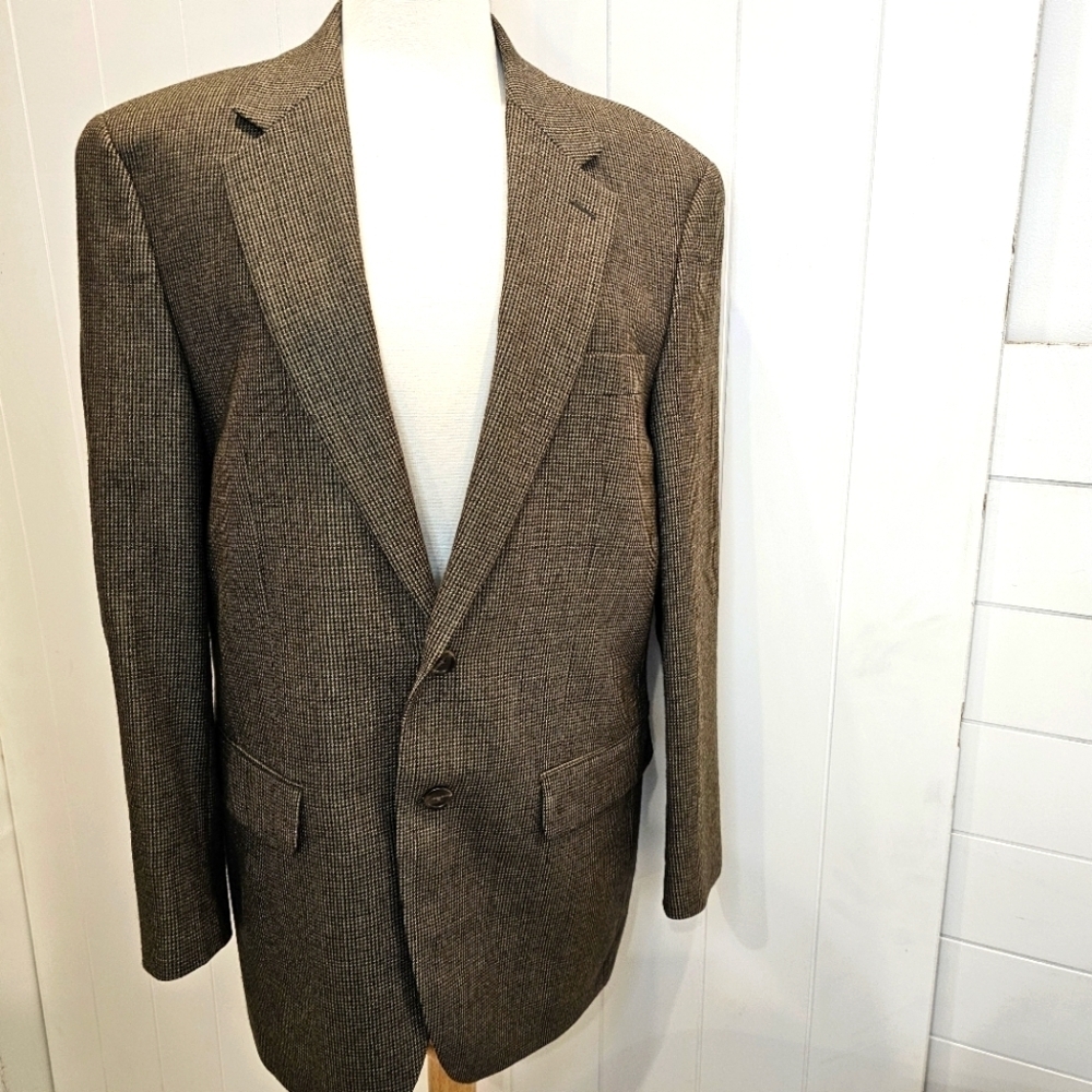 Chaps Men's Lambswool Blazer Houndstooth Size 40R Brown Green Office